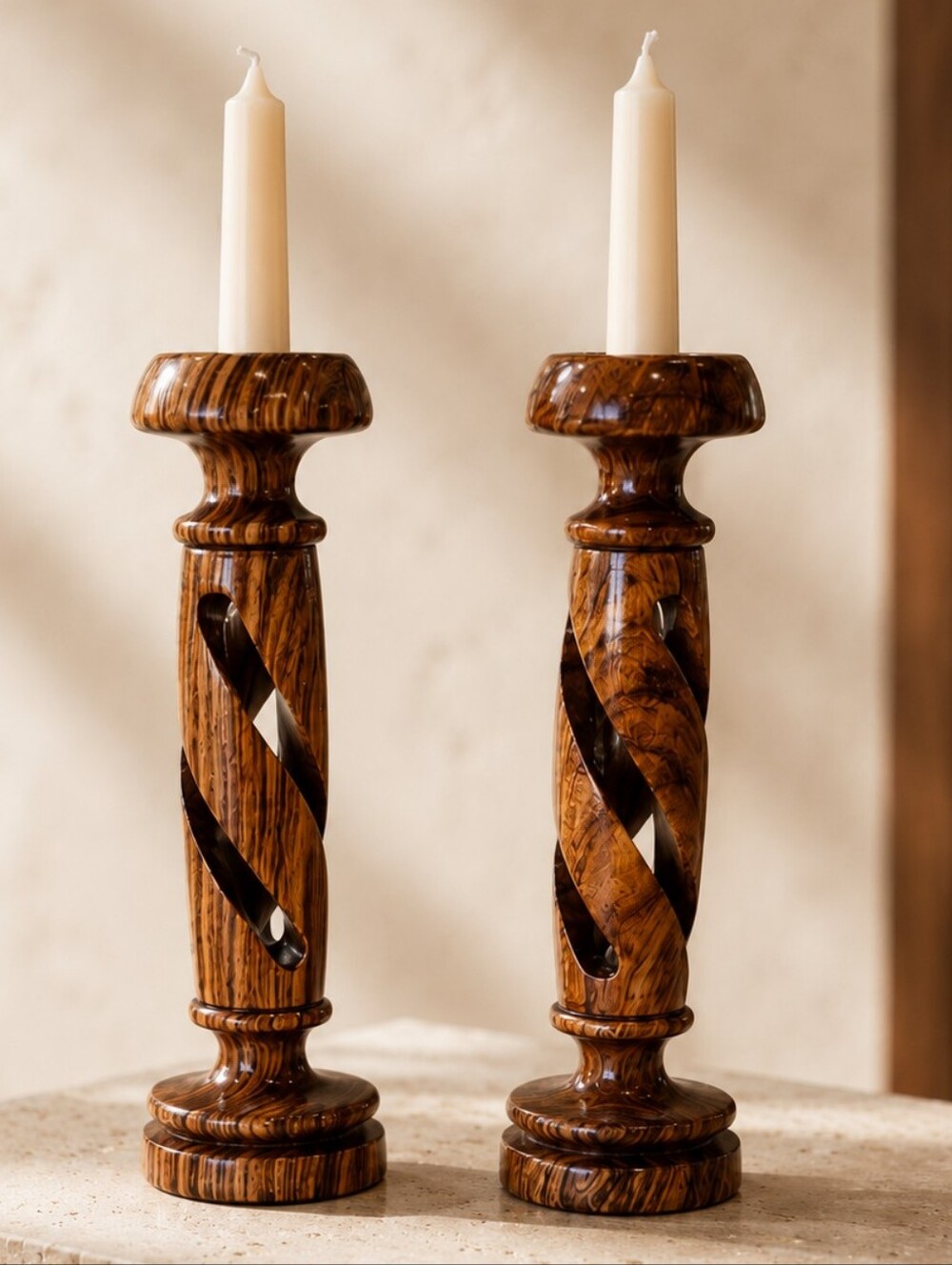 Vintage Pair Spiral Twist Carved Wood Taper Candlesticks 7" MCM
